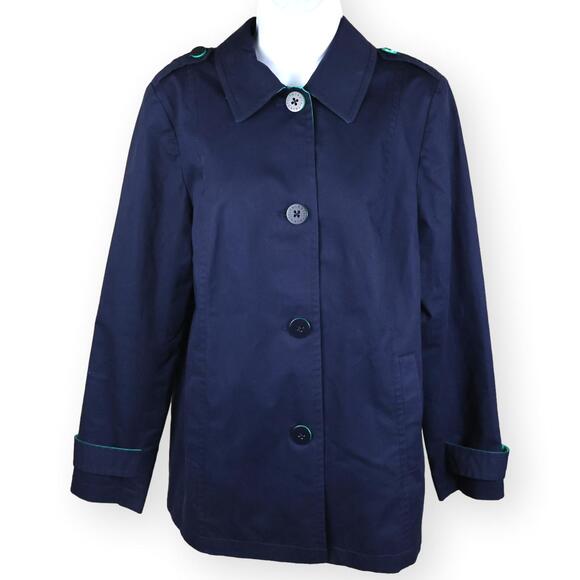 Talbots All Weather Coat Navy Blue Green Trim Women’s Small Trench